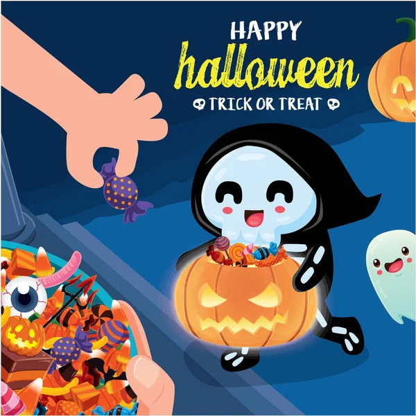 Desain Poster Halloween Kuno Dengan Kerangka Vektor Karakter Hantu - Stok Vektor