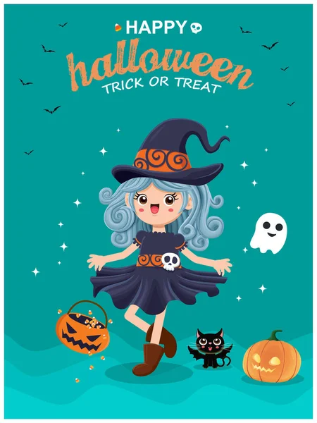 Desain Poster Halloween Dengan Vektor Penyihir Kucing Karakter Hantu - Stok Vektor