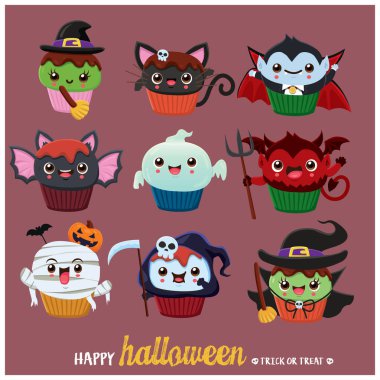 Vintage Cadılar Bayramı poster tasarımı vektör kedi, hayalet, cadı, iblis, cadı, orakçı, vampir, mumya karakteri. 