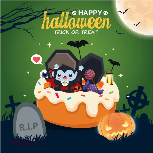 Vintage Diseño Póster Halloween Con Vector Vampiro Personaje Fantasma — Vector de stock