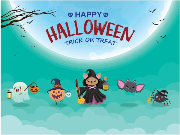 Desain Poster Halloween Dengan Vektor Penyihir Hantu Laba Laba Karakter - Stok Vektor