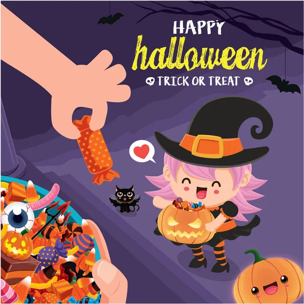 Design Poster Vintage Halloween Vrăjitoare Vectorială Caracter Pisică — Vector de stoc