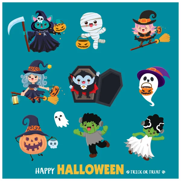 Design Cartaz Halloween Vintage Com Múmia Vetorial Bruxas Morcego Ceifeiro — Vetor de Stock