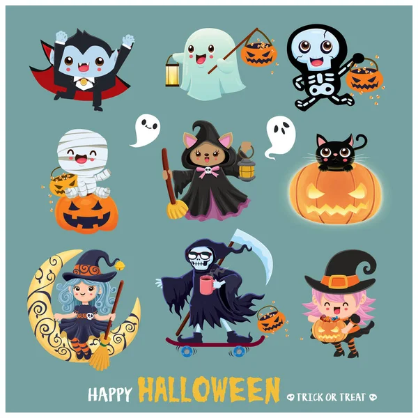 Diseño Póster Halloween Vintage Con Momia Vectorial Bruja Murciélago Segador — Archivo Imágenes Vectoriales