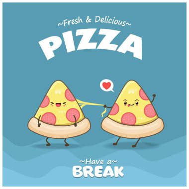 Vektör pizza karakterli klasik yemek posteri tasarımı.