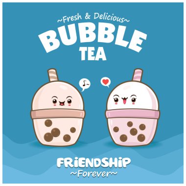 Vektör köpüklü çay karakterli klasik yemek posteri tasarımı.