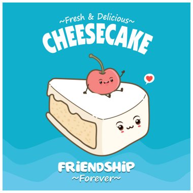 Cheesecake ve kiraz rengi karakterli klasik yemek posteri tasarımı.