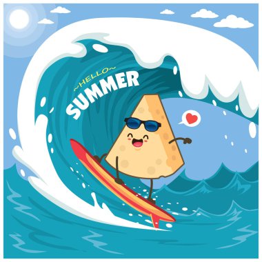 Vektör peyniri ve sörf tahtası karakterli klasik bir poster tasarımı.