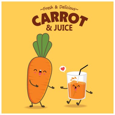 Havuç ve meyve suyu karakterli klasik yemek posteri tasarımı.