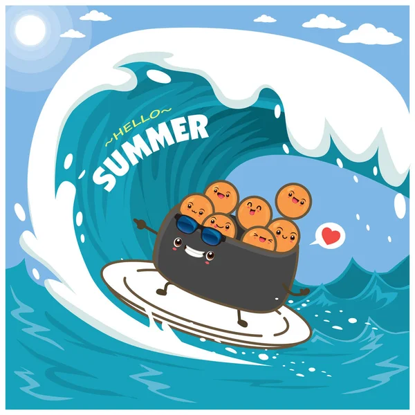 Урожай Літній Плакатний Дизайн Векторними Суші Ікура Персонажами Дошки Серфінгу — стоковий вектор