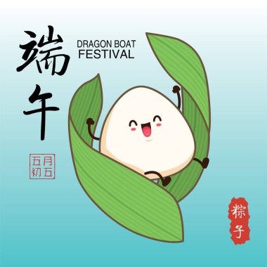 Klasik Çin mantısı çizgi film karakteri. Ejderha teknesi festivali illüstrasyonu. (Çince kelime ejderha botu festivali demek, 5 Mayıs, pirinç köftesi, zongzi)