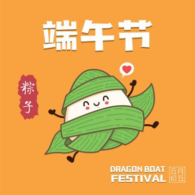 Klasik Çin mantısı çizgi film karakteri. Ejderha teknesi festivali illüstrasyonu. (Çince kelime ejderha botu festivali demek, 5 Mayıs, pirinç köftesi, zongzi)