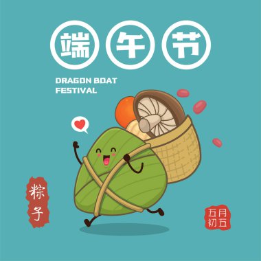 Klasik Çin mantısı çizgi film karakteri. Ejderha teknesi festivali illüstrasyonu. (Çince kelime ejderha botu festivali demek, 5 Mayıs, pirinç köftesi, zongzi)