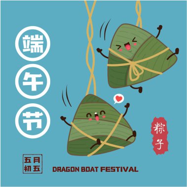 Klasik Çin mantısı çizgi film karakteri. Ejderha teknesi festivali illüstrasyonu. (Çince kelime ejderha botu festivali demek, 5 Mayıs, pirinç köftesi, zongzi)