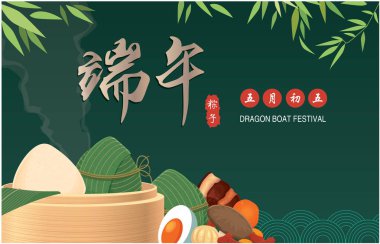 Klasik Çin usulü pirinç köftesi çizgi filmi. Ejderha teknesi festivali illüstrasyonu. (Çince 