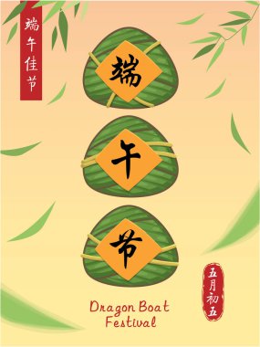 Klasik Çin usulü pirinç köftesi çizgi filmi. Ejderha teknesi festivali illüstrasyonu. (Çince 