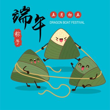 Klasik Çin mantısı çizgi film karakteri. Ejderha teknesi festivali illüstrasyonu. (Çince kelime ejderha botu festivali demek, 5 Mayıs, pirinç köftesi, zongzi)