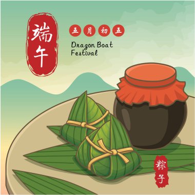 Klasik Çin usulü pirinç köftesi çizgi filmi. Ejderha teknesi festivali illüstrasyonu. (Çince 