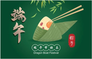 Klasik Çin usulü pirinç köftesi çizgi filmi. Ejderha teknesi festivali illüstrasyonu. (Çince 