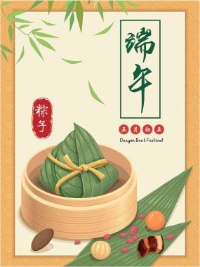 Klasik Çin usulü pirinç köftesi çizgi filmi. Ejderha teknesi festivali illüstrasyonu. (Çince 