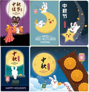 Çin ay tanrıçası ve tavşan karakterli klasik bir sonbahar festivali poster tasarımı. Güz ortası Festivali, Mutlu Sonbahar Festivali, 15 Ağustos.