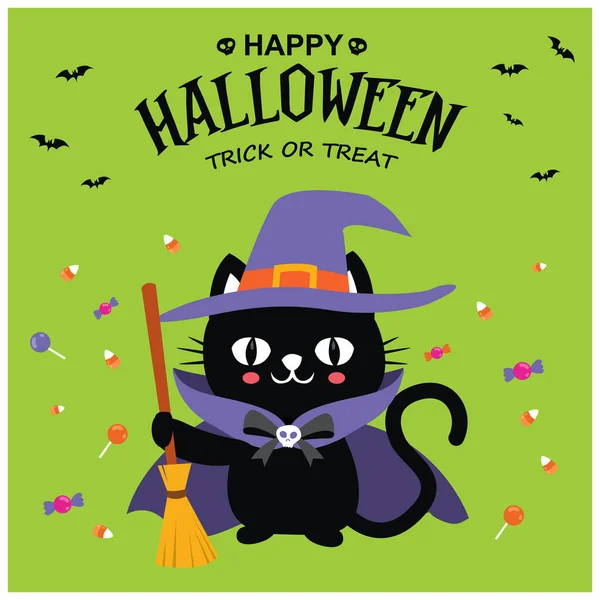 Винтажный Плакат Хэллоуин Векторным Персонажем Кошки — стоковый вектор