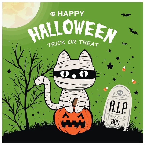 Vintage Halloween Affisch Design Med Vektor Mumie Katt Karaktär — Stock vektor