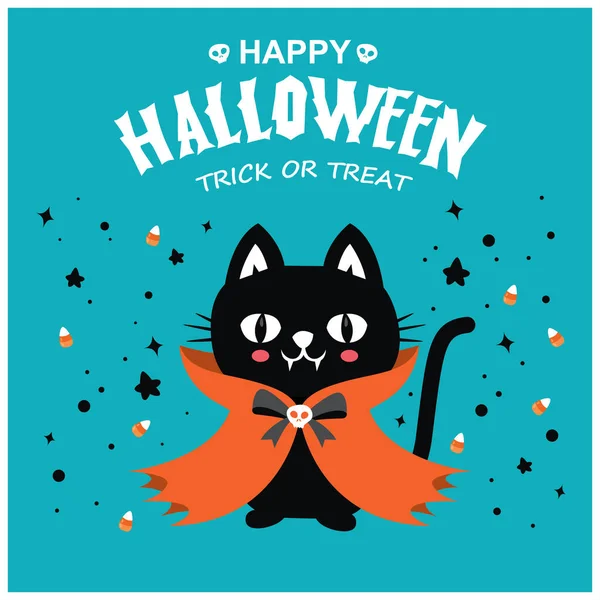 Desain Poster Halloween Dengan Vektor Kucing Karakter Vampir - Stok Vektor