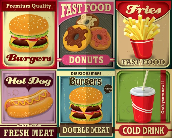 Vintage fast food poster tasarım seti — Stok Vektör