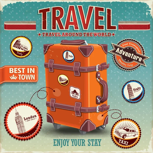 老式的旅行行李海报与标签 免版税图库矢量图片