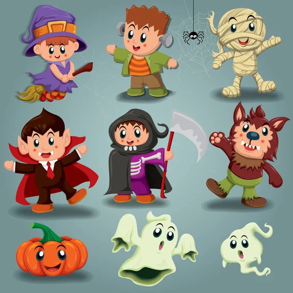 Diseño de póster de Halloween vintage con niños disfrazados — Vector de stock