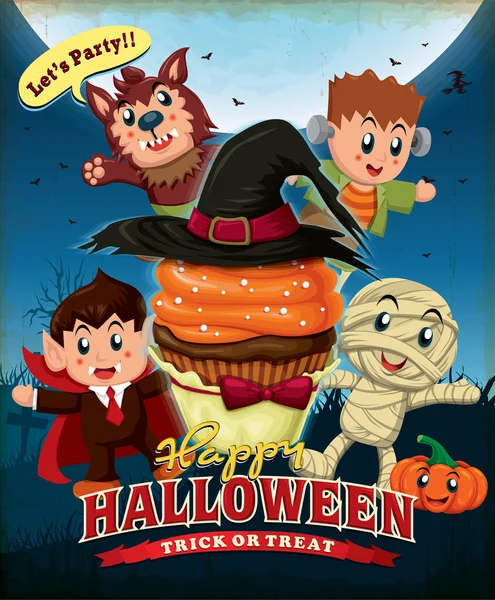 Vintage Halloween cupcake ve çocuklar kostüm poster tasarımı — Stok Vektör