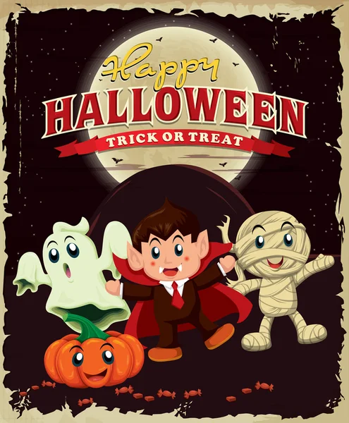 Vintage Halloween poster design with kids in costume — Stock Vector