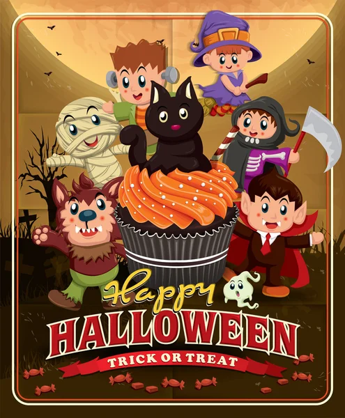 Vintage Halloween poster tasarım withcupcake, çocuklar kostüm — Stok Vektör
