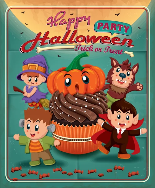 Diseño de póster de Halloween vintage con cupcake, niños disfrazados — Vector de stock