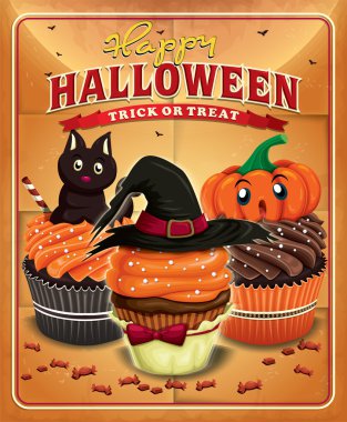 Vintage Halloween poster tasarımı ile cupcakes