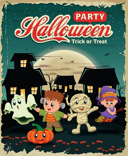 Diseño de póster de Halloween vintage con niños disfrazados — Vector de stock