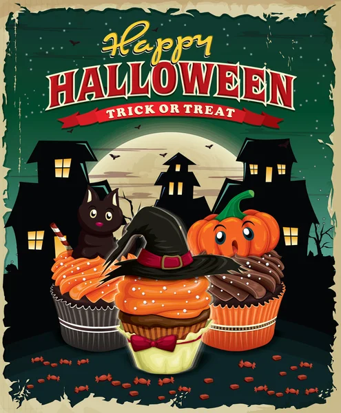 Vintage Halloween poster design con cupcake — Vettoriale Stock