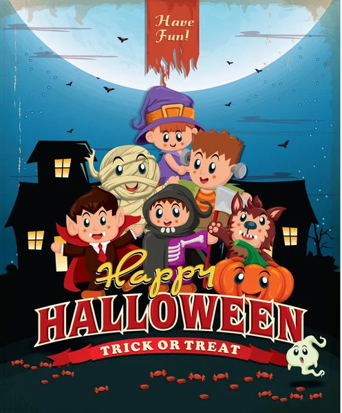 Desain poster Halloween kuno dengan anak-anak berkostum - Stok Vektor