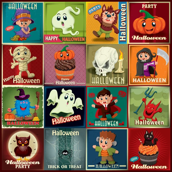 Vintage Halloween posterontwerp met instellen kinderen in kostuum — Stockvector