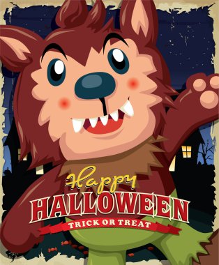 Vintage Halloween poster tasarımı wolfman kostüm çocuğunun
