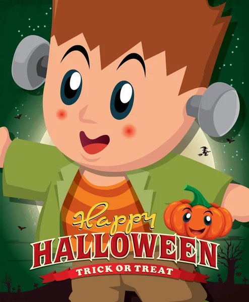 Diseño de póster de Halloween vintage con niño disfrazado — Archivo Imágenes Vectoriales