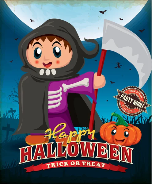 Vintage Halloween poster design avec enfant en costume de faucheuse — Image vectorielle