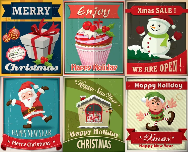 Vintage Weihnachten Poster-Design-Set — Stockvektor