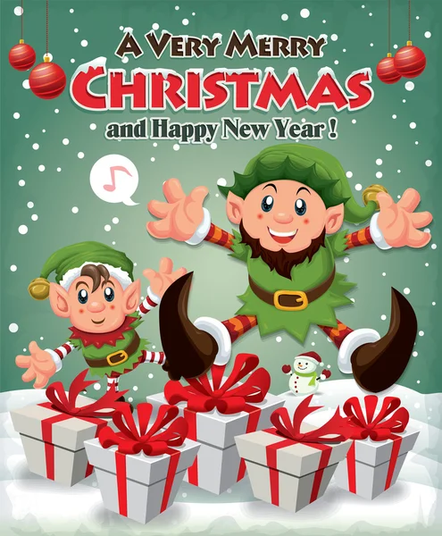 Vintage design poster di Natale con elfo — Vettoriale Stock