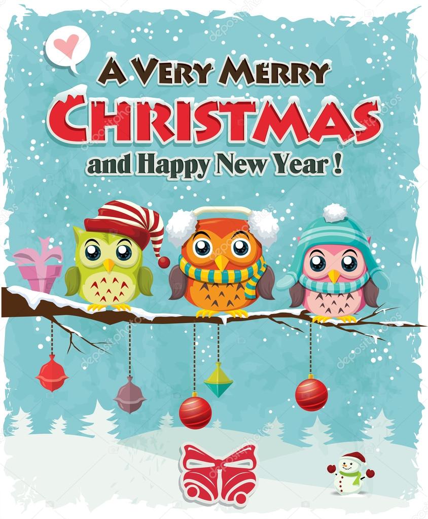 Vintage Christmas poster design with owls