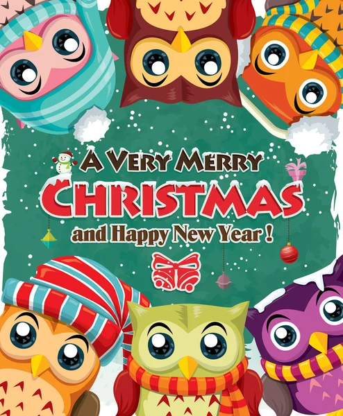 Poster de Noël vintage design avec des hiboux — Image vectorielle