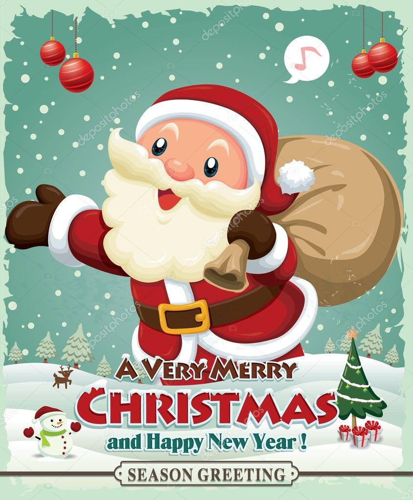Vintage Christmas poster design with Santa Claus & snowman