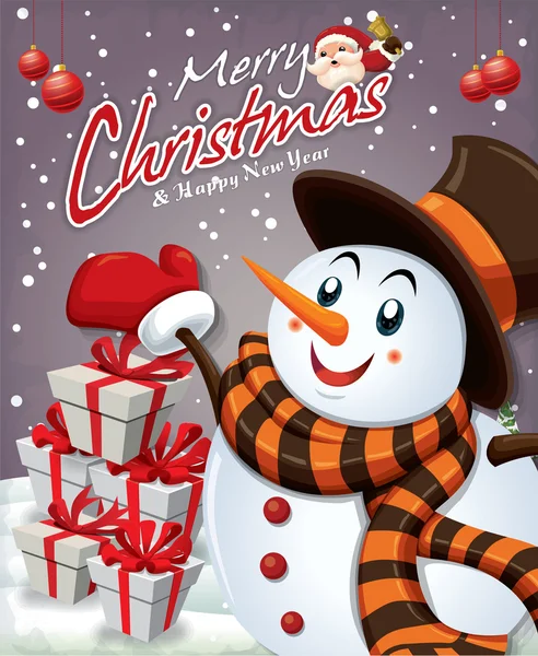 Poster de Noël vintage avec Père Noël & bonhomme de neige — Image vectorielle