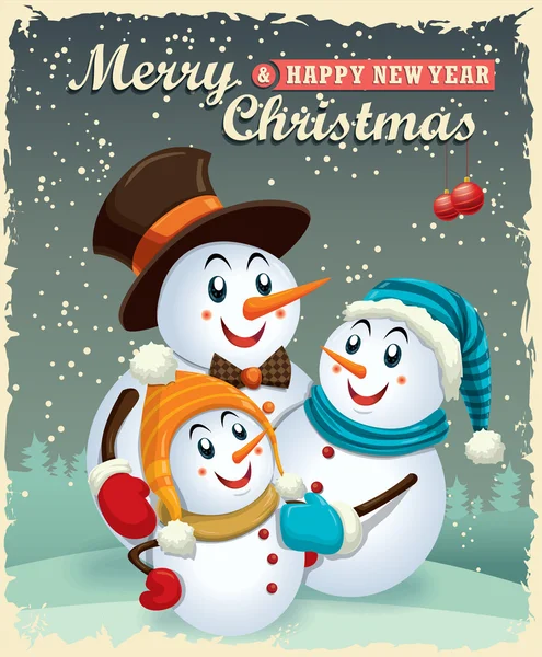 Poster de Noël design vintage avec bonhomme de neige — Image vectorielle